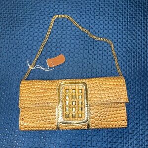 Gold Croc-Embossed Clutch with Chain Strap
